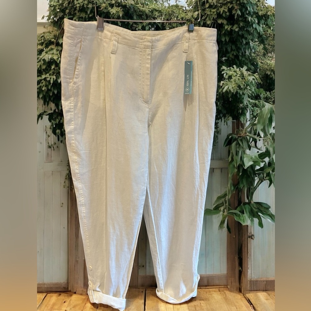 NWT 100% Linen Pants Trousers‎ White Roll Button Cuff by Euro 46 US XL-1X